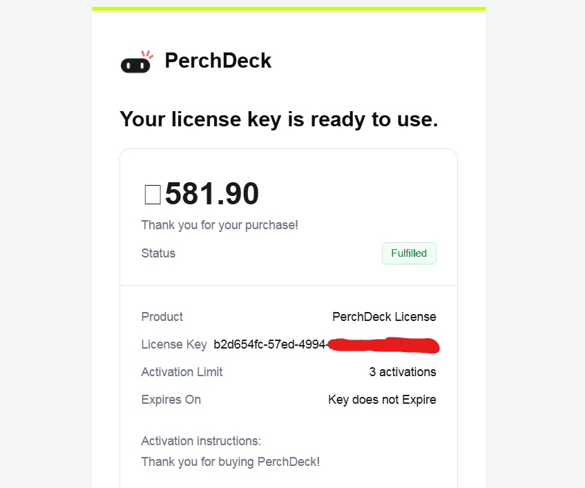 The PerchDeck purchase email from Dodo Payments, with the license key highlighted